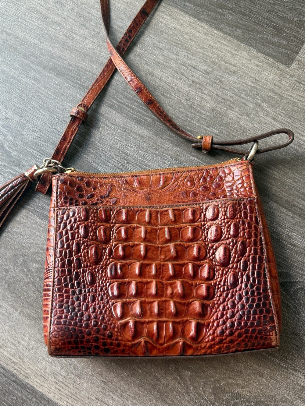 Brahmin Melbourne Manhattan Pecan Croc-Embossed Leather Crossbody with Tassel - Picture 4 of 10